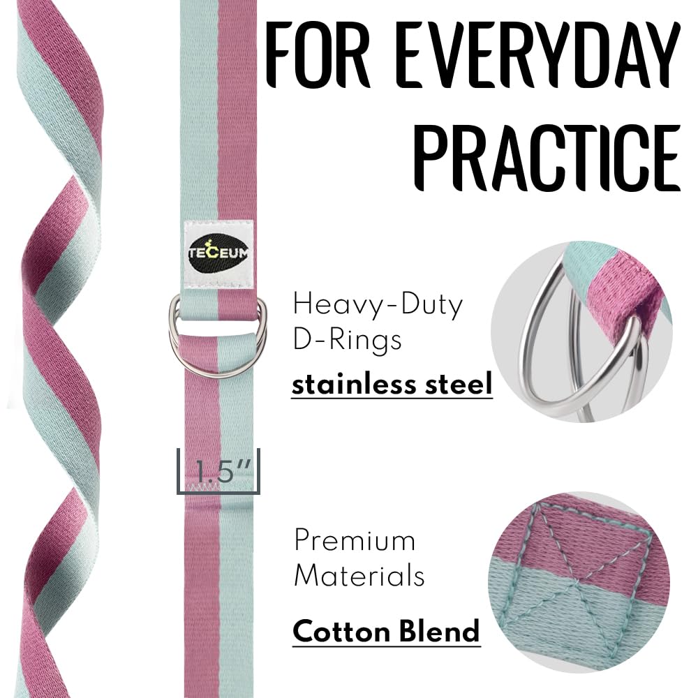 TECEUM Yoga Strap & Mat Strap – 2 IN 1 – Cotton – 6 ft 8 ft 10 ft (30+ colors) – Adjustable Non-Slip Belt for Yoga, Pilates, Stretching, Physical Therapy, Fitness & Home Workout – For Carrying Mats