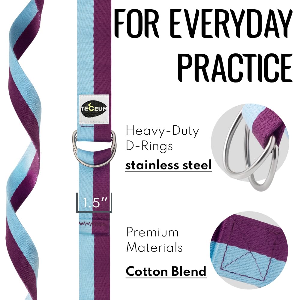 TECEUM Yoga Strap & Mat Strap – 2 IN 1 – Cotton – 6 ft 8 ft 10 ft (30+ colors) – Adjustable Non-Slip Belt for Yoga, Pilates, Stretching, Physical Therapy, Fitness & Home Workout – For Carrying Mats