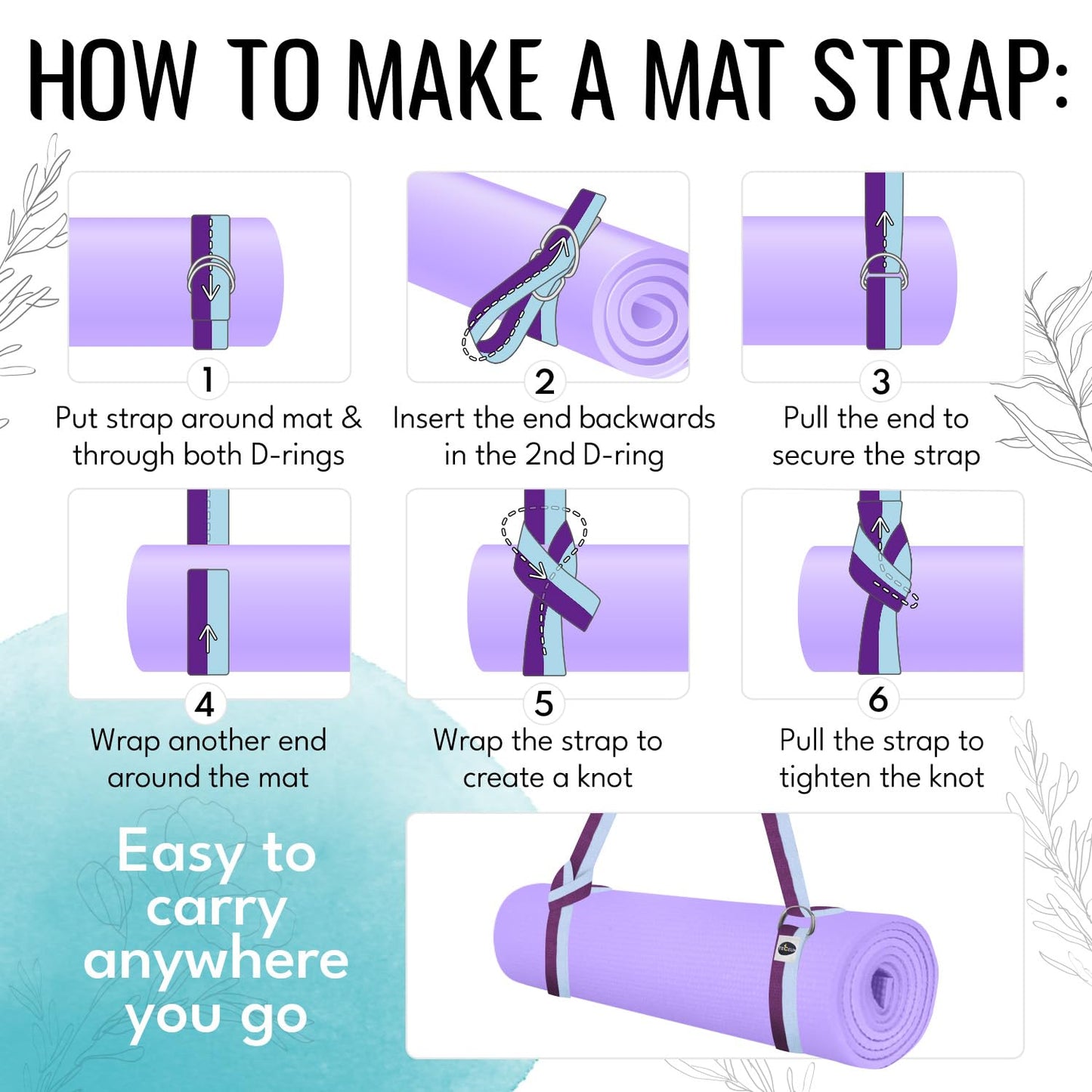 TECEUM Yoga Strap & Mat Strap – 2 IN 1 – Cotton – 6 ft 8 ft 10 ft (30+ colors) – Adjustable Non-Slip Belt for Yoga, Pilates, Stretching, Physical Therapy, Fitness & Home Workout – For Carrying Mats