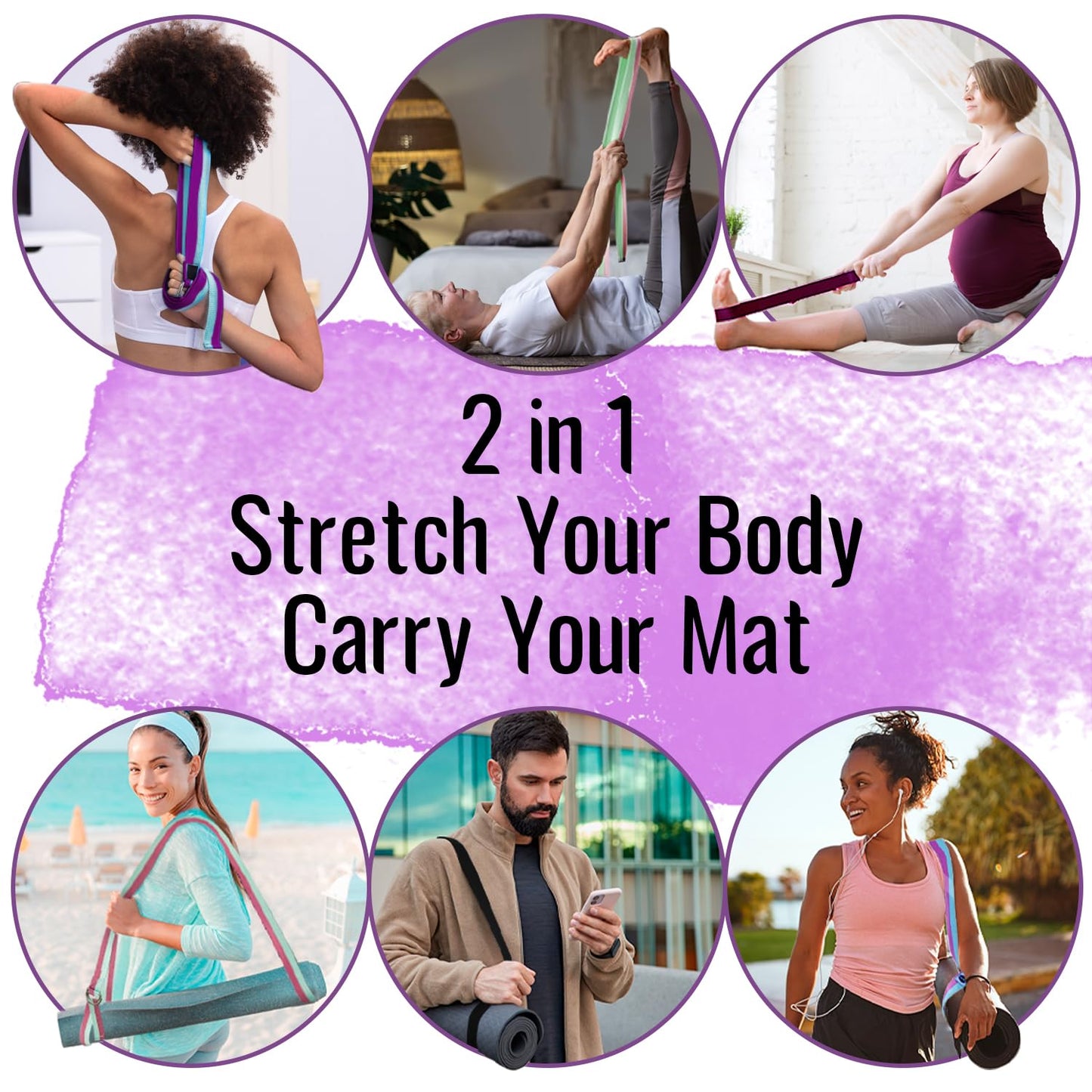 TECEUM Yoga Strap & Mat Strap – 2 IN 1 – Cotton – 6 ft 8 ft 10 ft (30+ colors) – Adjustable Non-Slip Belt for Yoga, Pilates, Stretching, Physical Therapy, Fitness & Home Workout – For Carrying Mats