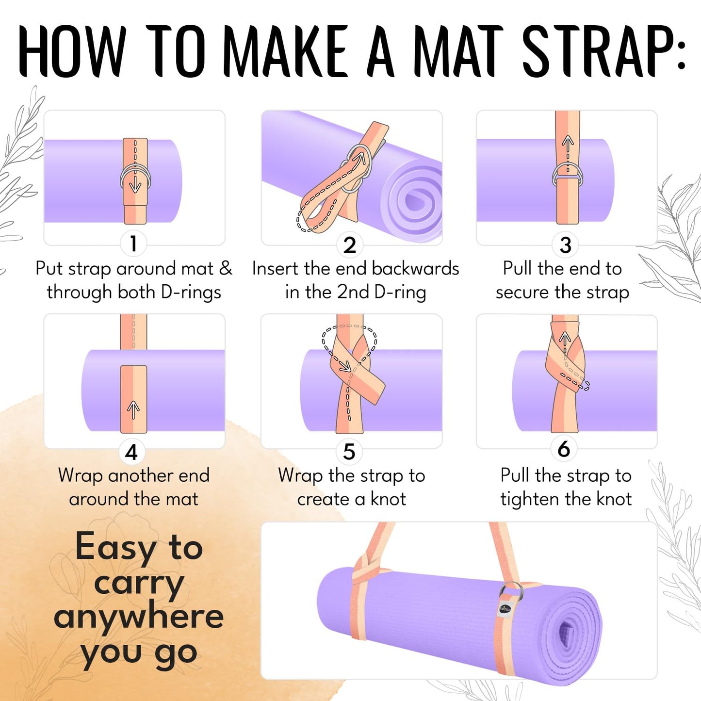 TECEUM Yoga Strap & Mat Strap – 2 IN 1 – Cotton – 6 ft 8 ft 10 ft (30+ colors) – Adjustable Non-Slip Belt for Yoga, Pilates, Stretching, Physical Therapy, Fitness & Home Workout – For Carrying Mats