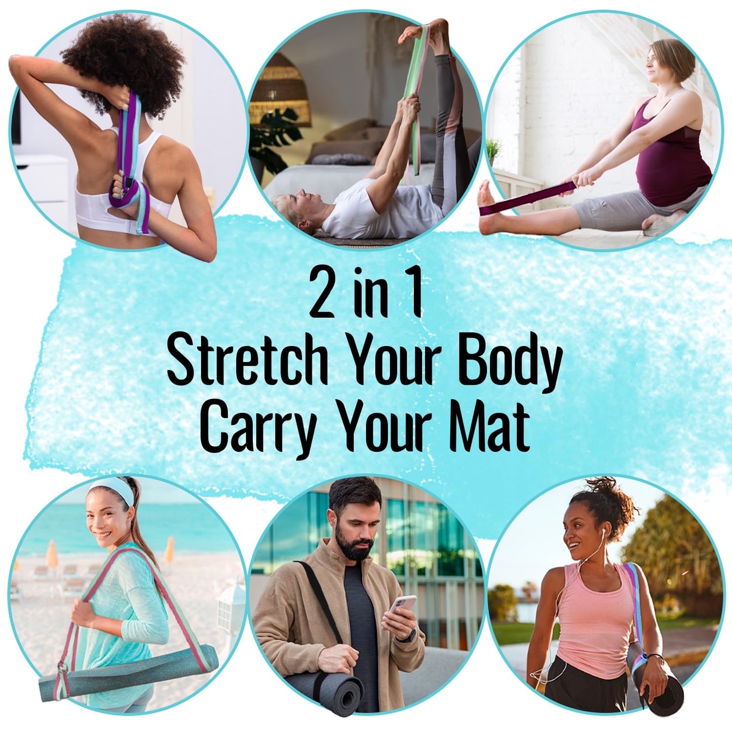 TECEUM Yoga Strap & Mat Strap – 2 IN 1 – Cotton – 6 ft 8 ft 10 ft (30+ colors) – Adjustable Non-Slip Belt for Yoga, Pilates, Stretching, Physical Therapy, Fitness & Home Workout – For Carrying Mats