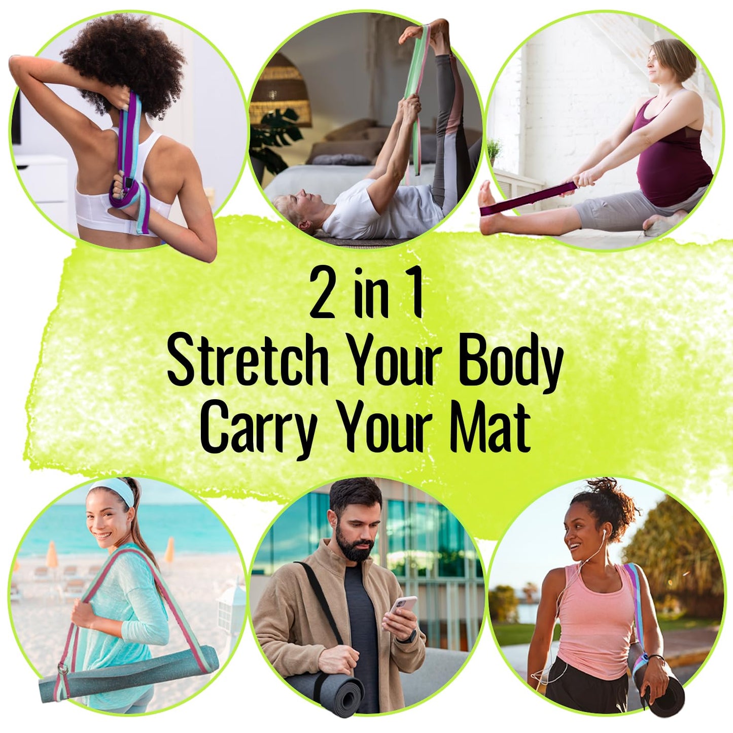 TECEUM Yoga Strap & Mat Strap – 2 IN 1 – Cotton – 6 ft 8 ft 10 ft (30+ colors) – Adjustable Non-Slip Belt for Yoga, Pilates, Stretching, Physical Therapy, Fitness & Home Workout – For Carrying Mats