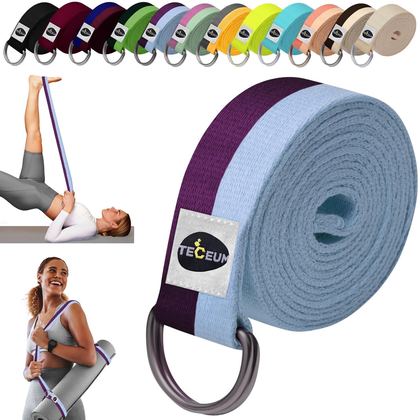 TECEUM Yoga Strap & Mat Strap – 2 IN 1 – Cotton – 6 ft 8 ft 10 ft (30+ colors) – Adjustable Non-Slip Belt for Yoga, Pilates, Stretching, Physical Therapy, Fitness & Home Workout – For Carrying Mats