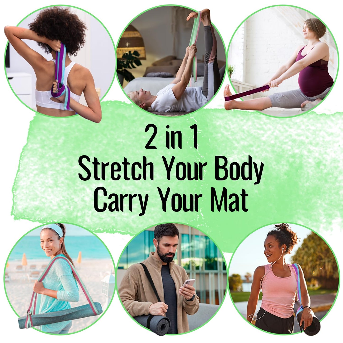 TECEUM Yoga Strap & Mat Strap – 2 IN 1 – Cotton – 6 ft 8 ft 10 ft (30+ colors) – Adjustable Non-Slip Belt for Yoga, Pilates, Stretching, Physical Therapy, Fitness & Home Workout – For Carrying Mats