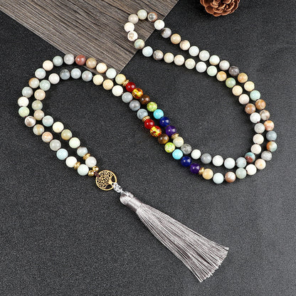 🌳 THE LUCKY TREE: 108 Bead Natural Stone Tassel Mala; Tree of Life