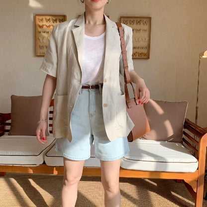 Women's Cotton And Linen Short Sleeve Jacket Loose Casual Top