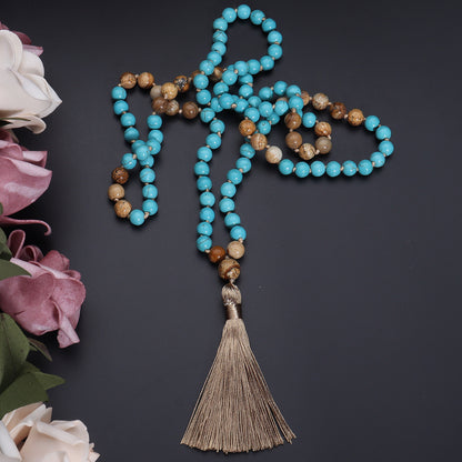 🎨 THE ARTIST'S MALA: Vintage "Blue Pine" Painted Stone Necklace