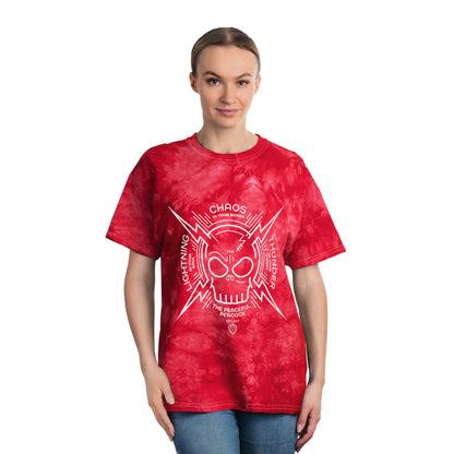 Peaceful Peacock Tie-Dye Tee with Lightning Skull Graphic