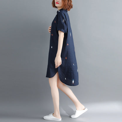 Literature And Art Loose Cotton And Hemp Printing Lapel Short Sleeve Dress Women's Medium And Long Shirt Skirt