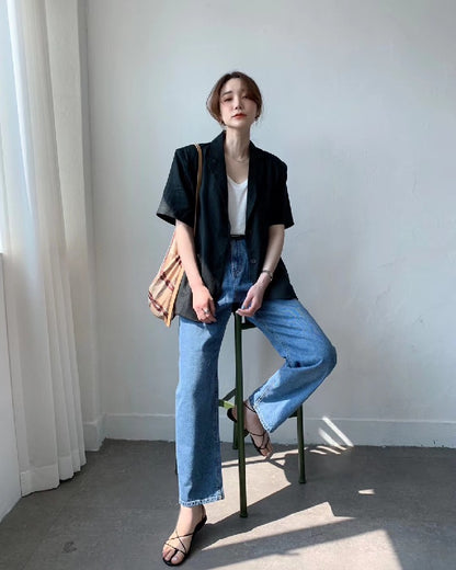 Women's Cotton And Linen Short Sleeve Jacket Loose Casual Top