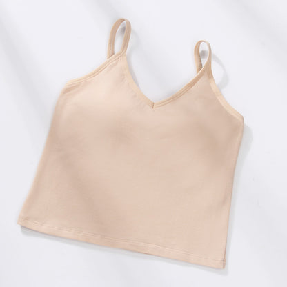 U Back Gathered Cotton Cropped Tank Top Women's Base Ride Chest Wrap Underwear Integrated Fixed Cup Wireless Spaghetti-strap Tube Top
