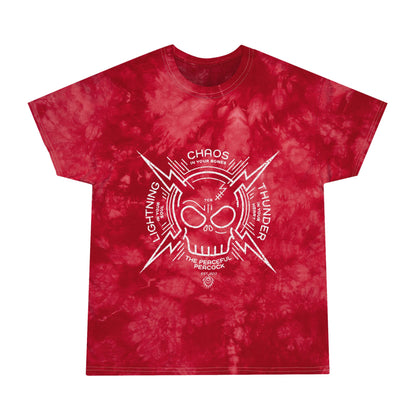 Peaceful Peacock Tie-Dye Tee with Lightning Skull Graphic
