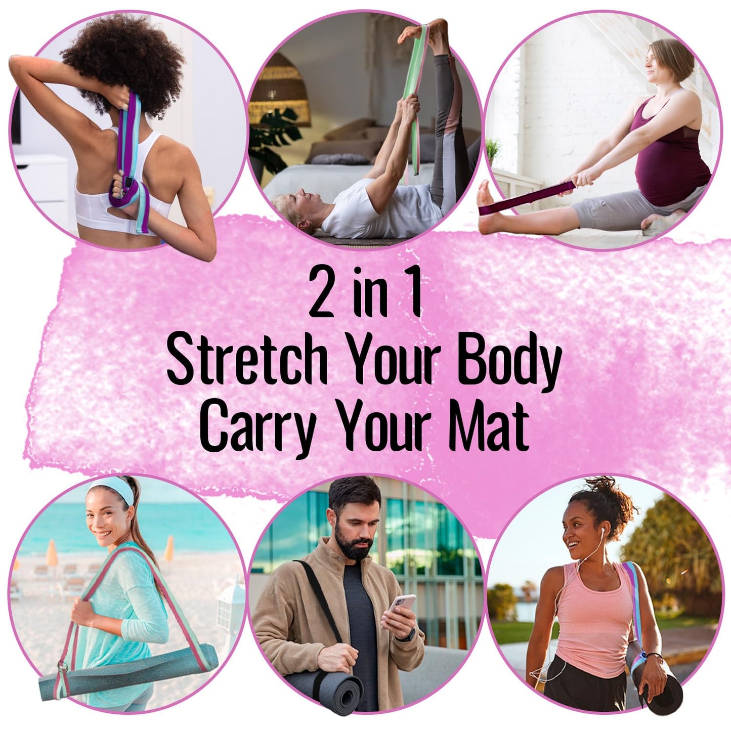 TECEUM Yoga Strap & Mat Strap – 2 IN 1 – Cotton – 6 ft 8 ft 10 ft (30+ colors) – Adjustable Non-Slip Belt for Yoga, Pilates, Stretching, Physical Therapy, Fitness & Home Workout – For Carrying Mats