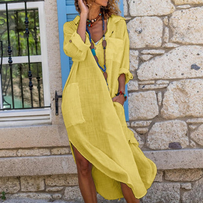 New Solid Color Cotton Hemp Long Sleeve Slit Casual Long Skirt
