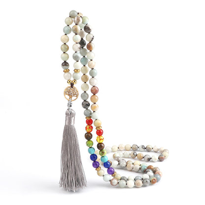 🌳 THE LUCKY TREE: 108 Bead Natural Stone Tassel Mala; Tree of Life
