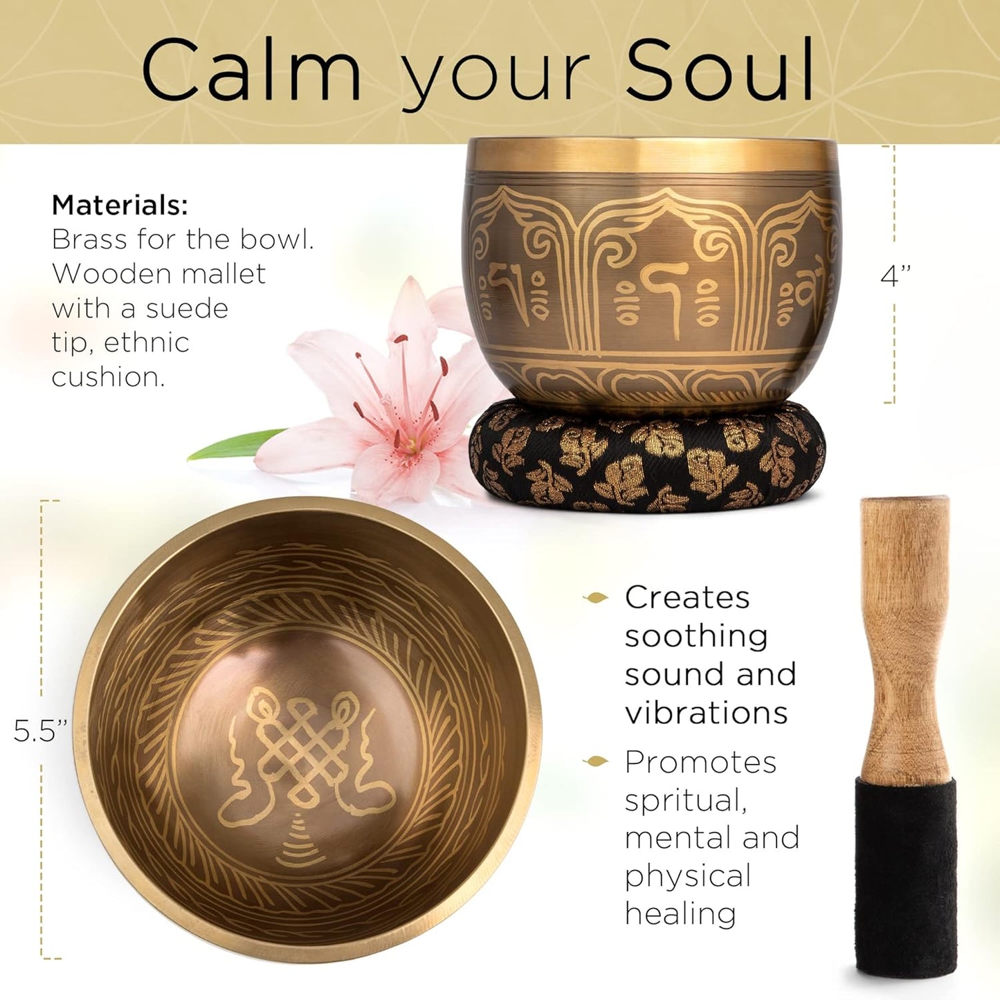 Meditative Deep Singing Bowl with Mallet and Cushion - Tibetan Sound Bowls for Energy Healing, Mindfulness, Grounding, Zen, Meditation - Exquisite, Unique Home Decor and Gift Sets, 1693