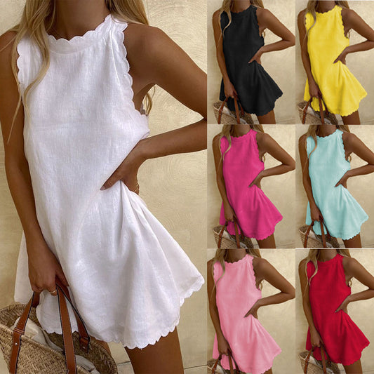 Cotton Hemp Solid Color Embroidered Ruffled Women's Dress