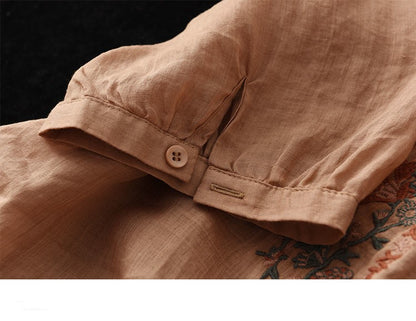 Retro Art Heavy Industry Embroidered Cotton And Hemp Top For Women