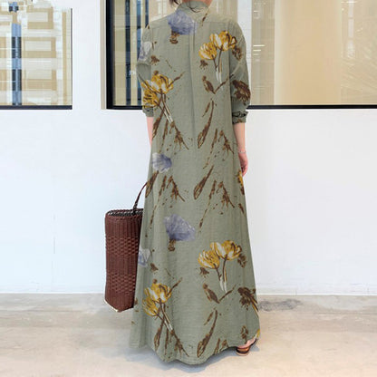 Cotton And Hemp Color Lapel Pocket Simple Loose Casual Long Dress