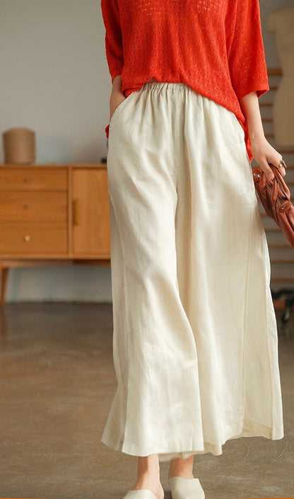 High-quality Leisure Hemp Hemp Wide Leg Pants For Women Nine Points