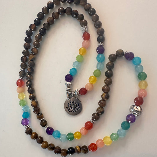 108 Tiger’s Eye & 7 Chakra Alignment Mala Necklace with Lotus Medallion (6mm)
