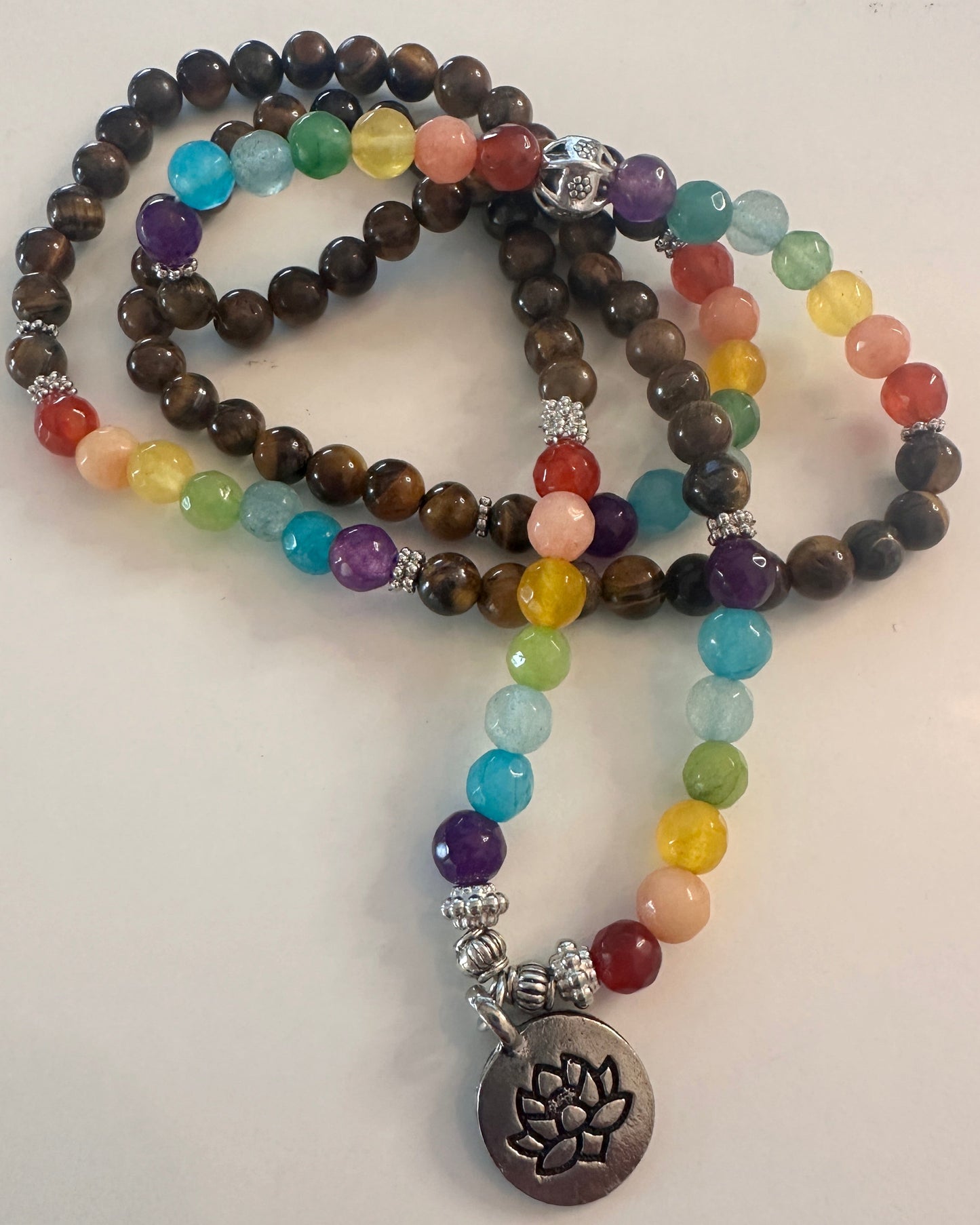 108 Tiger’s Eye & 7 Chakra Alignment Mala Necklace with Lotus Medallion (6mm)