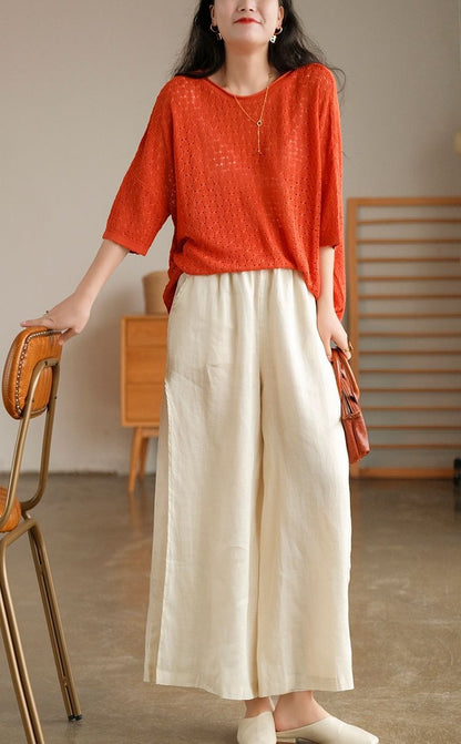 High-quality Leisure Hemp Hemp Wide Leg Pants For Women Nine Points