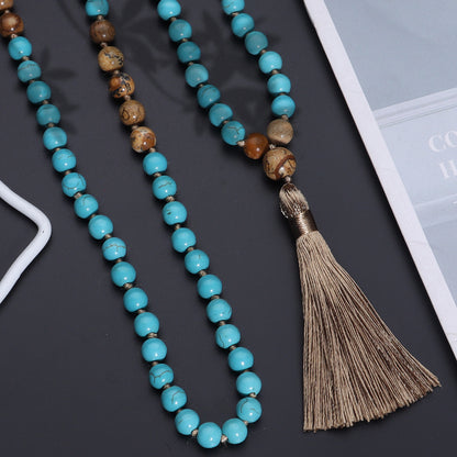 🎨 THE ARTIST'S MALA: Vintage "Blue Pine" Painted Stone Necklace
