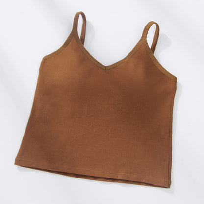 U Back Gathered Cotton Cropped Tank Top Women's Base Ride Chest Wrap Underwear Integrated Fixed Cup Wireless Spaghetti-strap Tube Top