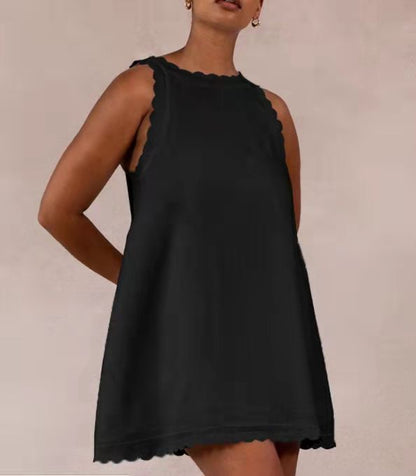 Cotton Hemp Solid Color Embroidered Ruffled Women's Dress