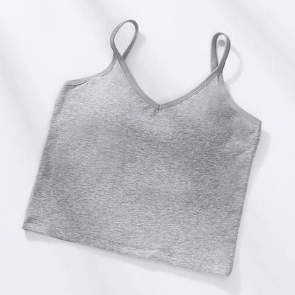 U Back Gathered Cotton Cropped Tank Top Women's Base Ride Chest Wrap Underwear Integrated Fixed Cup Wireless Spaghetti-strap Tube Top