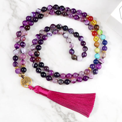 🌳 THE LUCKY TREE: 108 Bead Natural Stone Tassel Mala; Tree of Life
