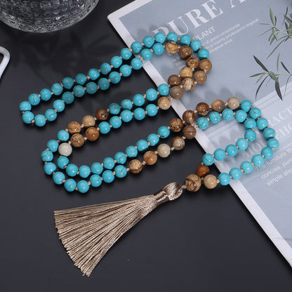 🎨 THE ARTIST'S MALA: Vintage "Blue Pine" Painted Stone Necklace