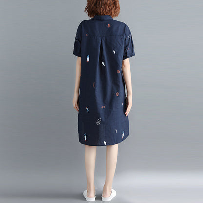 Literature And Art Loose Cotton And Hemp Printing Lapel Short Sleeve Dress Women's Medium And Long Shirt Skirt