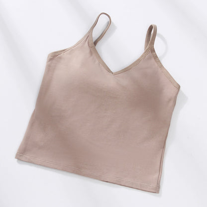 U Back Gathered Cotton Cropped Tank Top Women's Base Ride Chest Wrap Underwear Integrated Fixed Cup Wireless Spaghetti-strap Tube Top