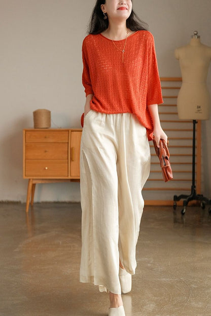 High-quality Leisure Hemp Hemp Wide Leg Pants For Women Nine Points