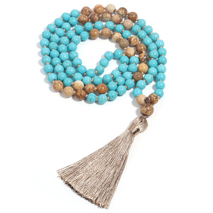 🎨 THE ARTIST'S MALA: Vintage "Blue Pine" Painted Stone Necklace