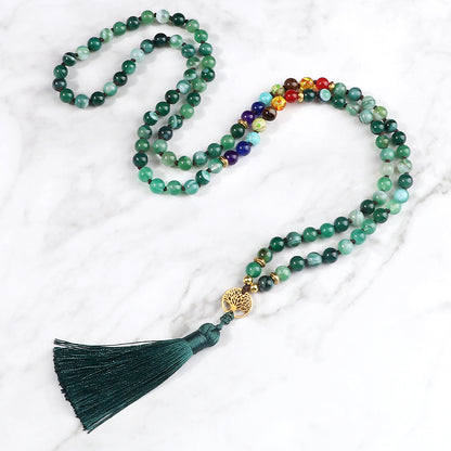 🌳 THE LUCKY TREE: 108 Bead Natural Stone Tassel Mala; Tree of Life